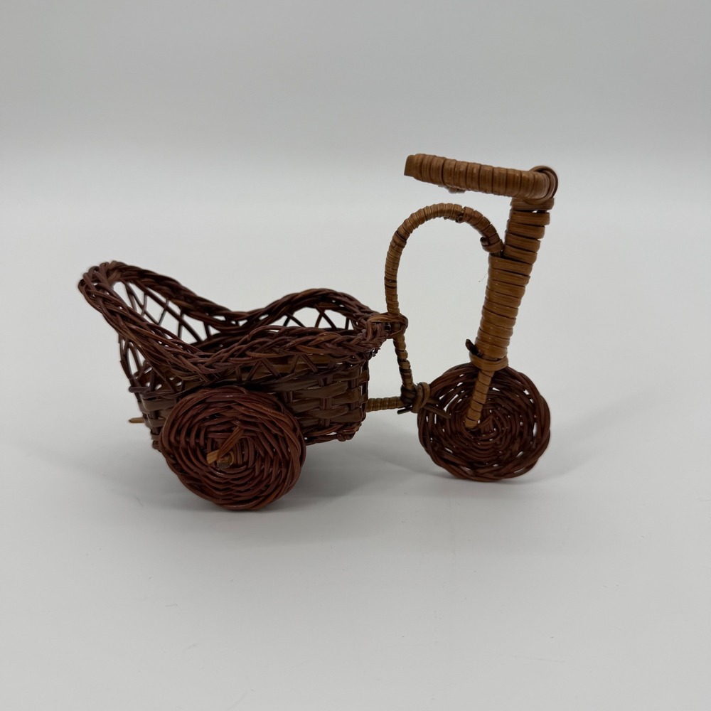 Miniature Wicker Tricycle Basket Plant Holder Brown Woven Rattan Decor 4x5 Inch